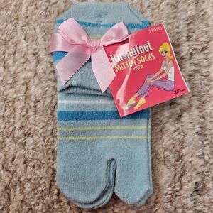 Kushyfoot Mitten Socks Y2K Womens 2 Pack Blue Teal Striped Crew Flip Flops